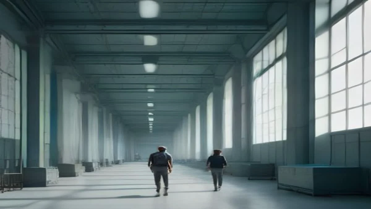 Engineers walking between rows of computing hardware in a bright industrial hall